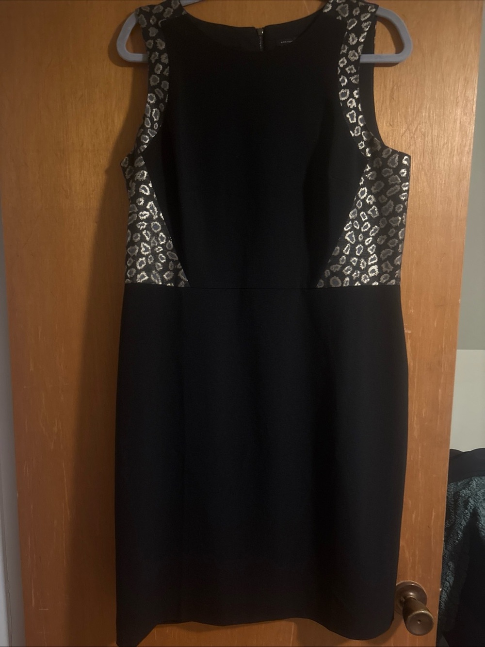 Ann Taylor Black Midi Sheath Dress with metallic Leopard Panels NWT size 14